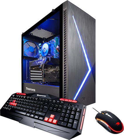 Front view of this gaming desktop, angled slightly to the right, showing interior bathed in blue LED lighting through a transparent side panel. In front of it are a keyboard and a mouse.